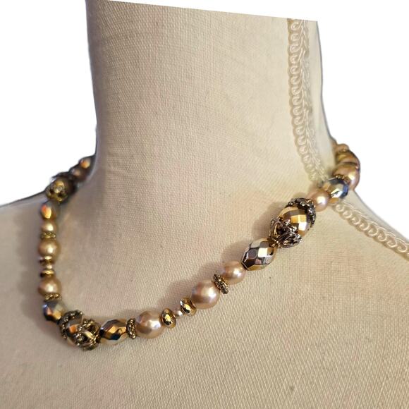 Necklace Vintage Pink Faceted Beads Gold Silver Tone Choker 17" SKU2385 - Picture 3 of 5